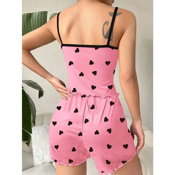 2 Piece Sexy Sleepwear lingerie Pajamas Nightwear PJ's Hearts Pink Women's - Picture 6 of 6